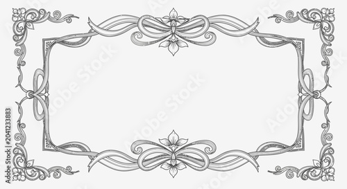 Elegant hand-drawn vintage decorative frame with intricate scrollwork and floral accents, perfect for invitations or certificates.