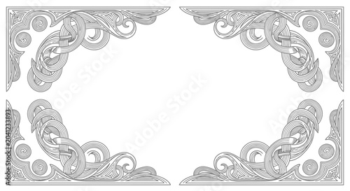 Ornate decorative corner elements forming an elegant frame design with intricate swirling patterns and circular motifs.