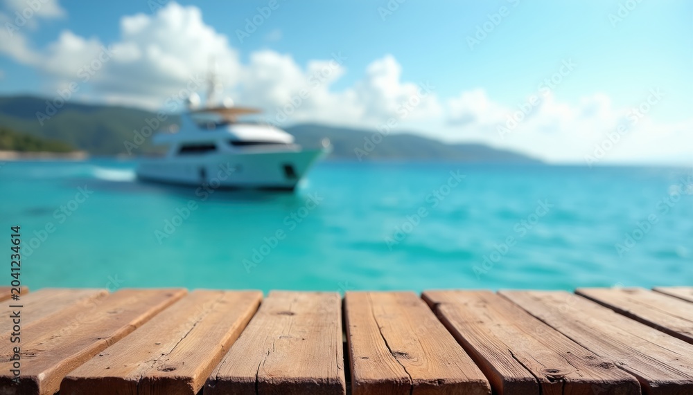 Fototapeta premium Wooden pier foreground with luxury yacht cruising on bright blue sea water. Tropical island hills in background under clear sky. Relaxing vacation scene.