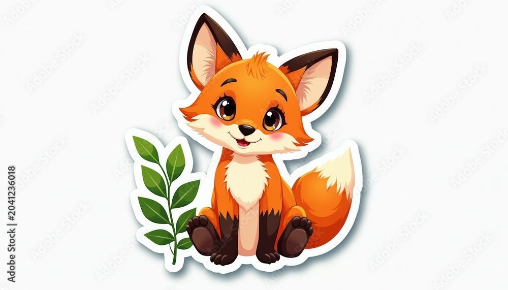 Naklejka premium Cute cartoon fox sits near green leaves branch. Friendly orange vulpine animal with big eyes and bushy tail. Adorable little wild creature illustration. Baby fox sticker art.