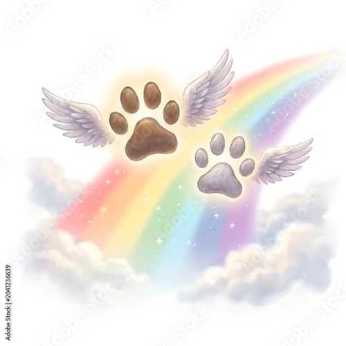 Flying Angel Paw Prints Rainbow Clipart JPG Two Paws Wings Clouds Sky Pet Memorial Dog Cat Loss Sympathy Watercolor Digital Download White Background Sublimation Designangel paw print clipart, flying 