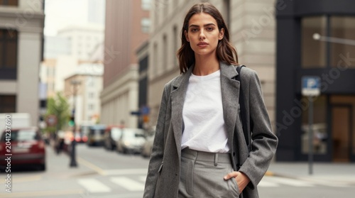 Young woman walking on city crosswalk in tailored gray suit
