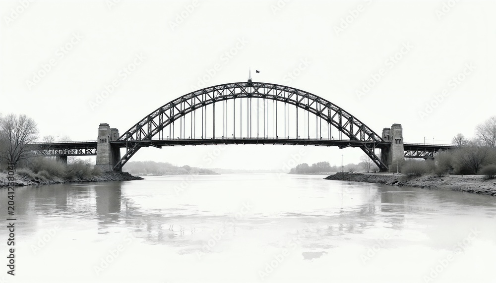 Fototapeta premium Steel arch bridge spans wide river, connecting city shores. Bare trees line banks under hazy sky. Water reflects structure, minimal landscape detail.