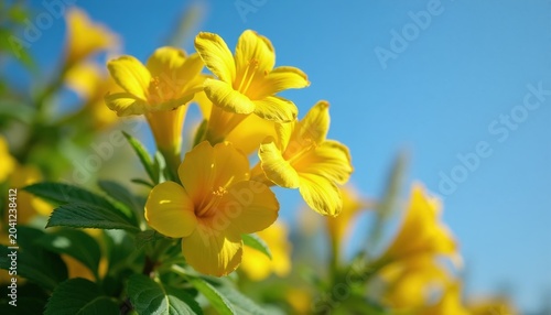 Bright yellow flowers bloom against a clear blue sky. Green leaves add color to the vibrant plant life. The sunny day highlights nature beauty in soft focus.