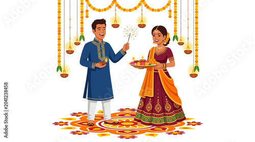 Tableau sur toile Happy diwali couple in traditional ethnic attire with golden garlands, lit lamps, and colorful rangoli suitable for festive holiday themes