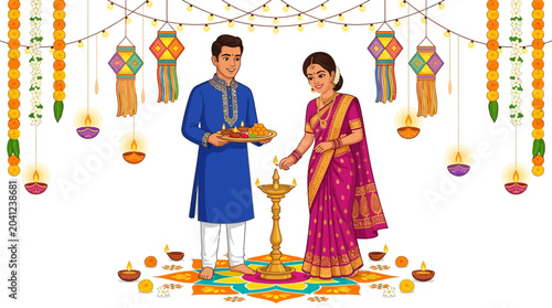 Фотография Diwali festival imagery with a couple holding plates, lighting lamps, surrounded by garlands, flowers, lanterns, and rangoli