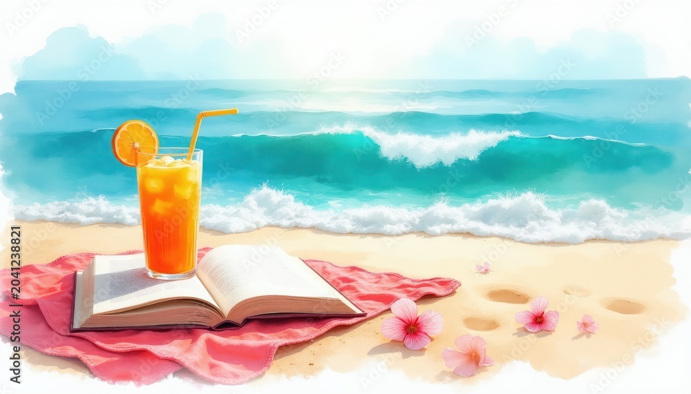 Obraz premium Ocean beach with waves and bright orange drink on open book. Pink towel and flowers on sand. Relaxing seaside vacation with cool refreshment and reading.