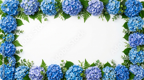 Hydrangea border with blue blossoms and green leaves on white background, floral frame and elegant copy space for wedding invitation greeting card template