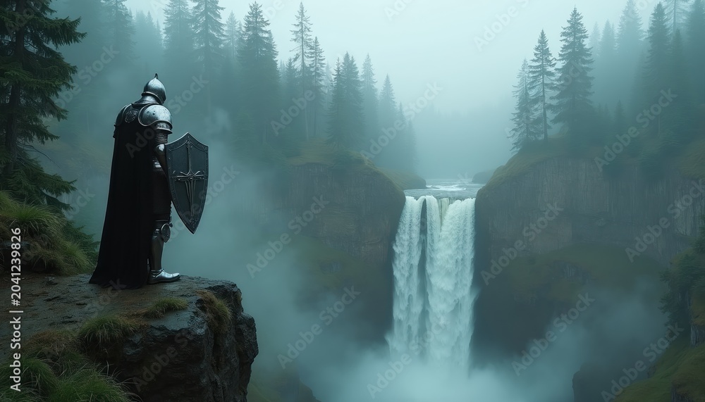 Obraz premium Armored knight with shield stands on rocky ledge. Waterfall cascades down cliff in misty forest. Lone warrior observes natural scene. Epic fantasy landscape, sense of adventure.