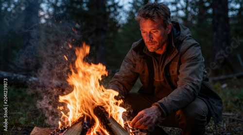 Adult man stoking campfire near forest under nightfall sky