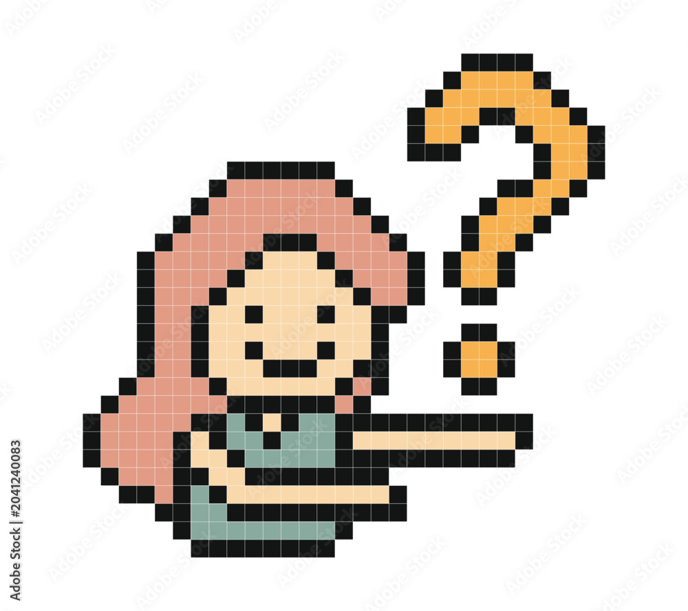 Fototapeta premium Cartoon pixel art of woman girl and question mark confused cute design.