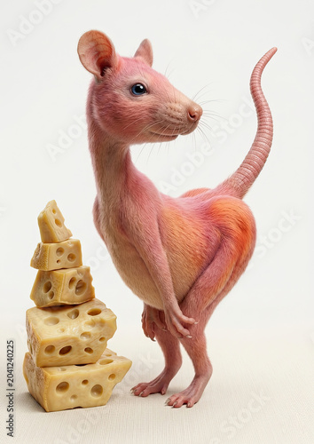 Happy rat, she found cheese. Realistic drawing of an animal. Illustration for children.