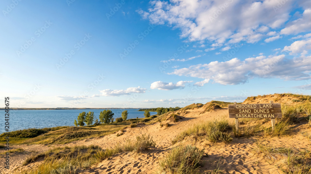 Fototapeta premium Expansive Canadian landscapes with serene sandy dunes gently meeting the tranquil waters under a vast blue sky, offering a peaceful natural escape