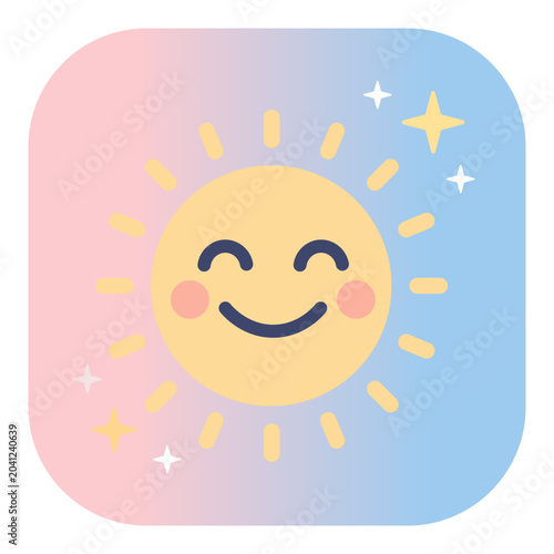 Fotografija Cute smiling sun with rosy cheeks and twinkling stars on a pastel gradient backg