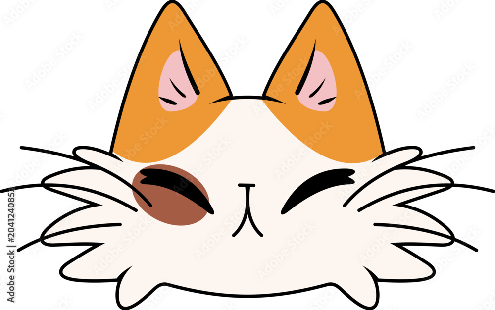 Fototapeta premium A cute cartoon cat face with a winking expression and orange ears