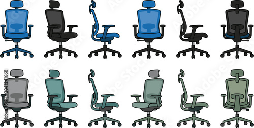 Foto Vector illustration of ergonomic office chairs in multiple angles and colors rep