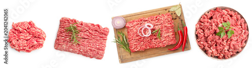 Konstfotografi Fresh minced beef meat isolated on white, set. Top view