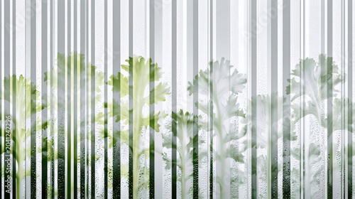 Kale leaf silhouettes behind frosted glass with water droplets, fresh green abstract nutrition background and soft gray space for logo