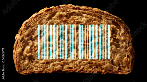 Whole grain bread slice blue data stream nutrition scan luminous line rustic texture seed bread dark background close up food concept healthy food