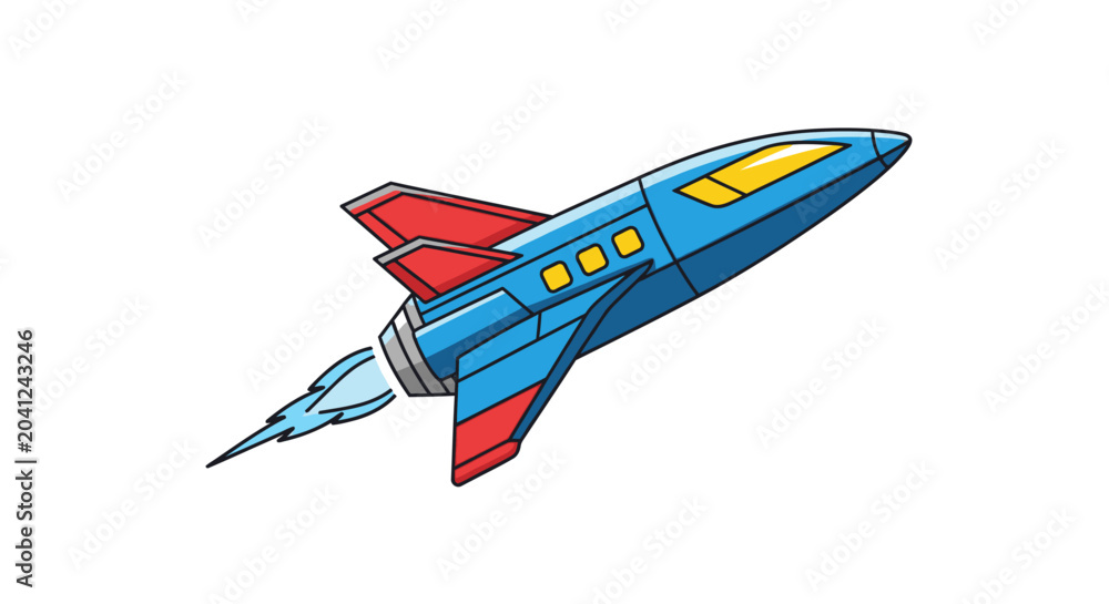 Naklejka premium Cartoon Rocket Ship Launching into Space, Illustration