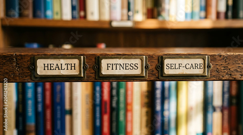Health Fitness and SelfCare Labels on a Vintage Wooden Library Drawer Shelf Representing Wellness Education and Personal Growth Concept