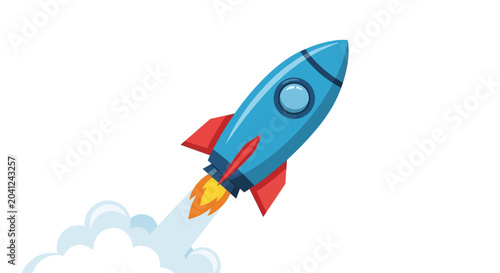 Blue Rocket Launching into Space with Smoke Trail