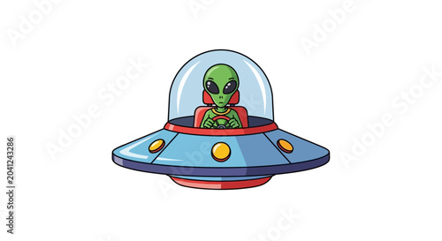 Cartoon Alien Driving UFO Spaceship