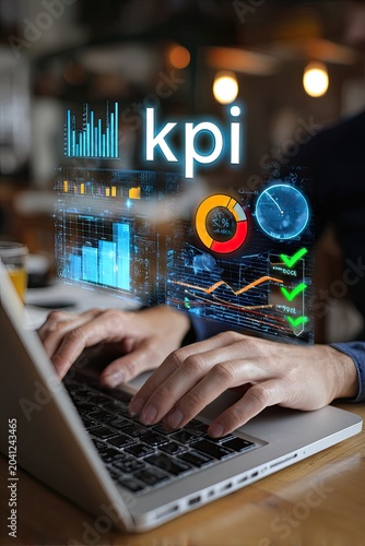 Business Person Analyzing KPI Data with Futuristic Holographic Charts on Laptop.