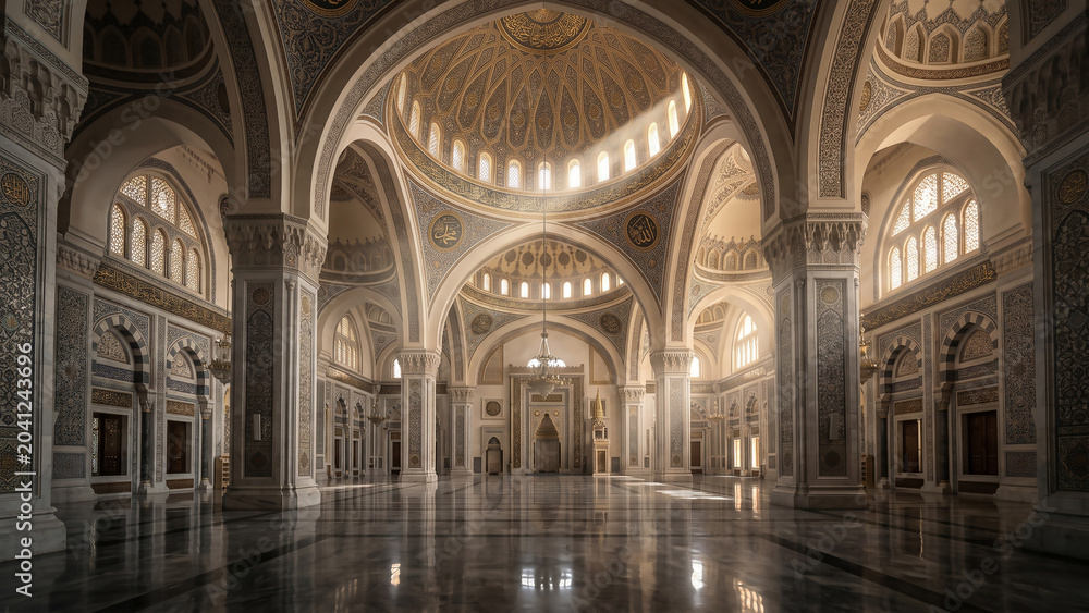 Obraz premium Magnificent Islamic prayer hall featuring grand domes, elegant arches, soft sunlight, and intricate architectural details in a peaceful sacred environment without people.