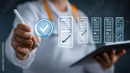 Doctor Approving Medical Checklist on Digital Tablet with Stylus.