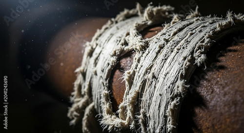 Closeup of hazardous asbestos insulation rope wrapping a rusty pipe with floating airborne fibers highlighting industrial health risks and the need for remediation