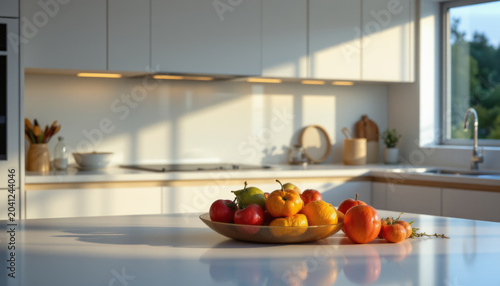 Clean modern kitchen bathed in warm natural light with bowl of fresh colorful fruit on glossy white countertop creating cozy atmosphere