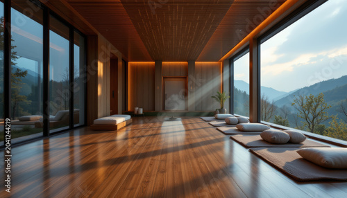 Serene meditation room with wooden floor and large windows showing mountain view, soft cushions and warm natural light creating calm atmosphere