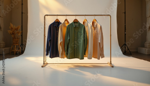 Shirt Clothing Hanger Fashion Wardrobe Casual Blue Yellow Green Beige Button Long sleeve Cotton Textile Minimalist Studio Light Shadow Display