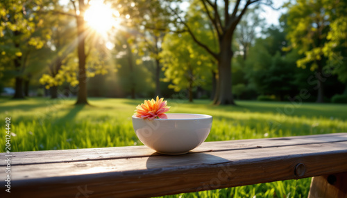 Minimal ceramic bowl with bright flower sits on wooden bench in sunlit park, creating peaceful and warm atmosphere