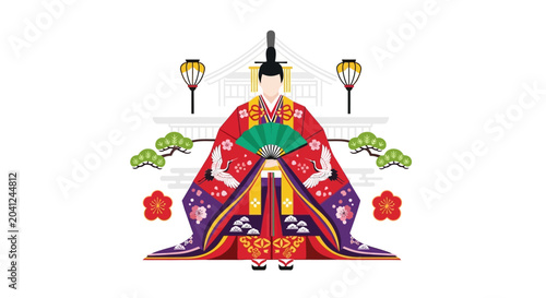 Fotografie Japanese Emperor Doll, Hina Matsuri, Traditional Kimono, Fan, Cranes