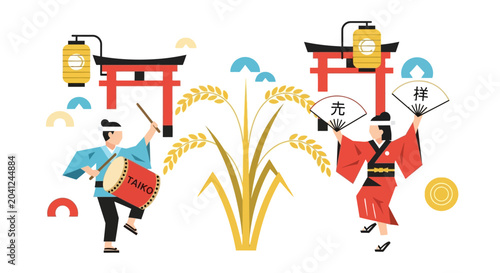 Bild auf Leinwand Japanese Festival Drums, Dance, Torii Gates, Rice Plant, Lanterns