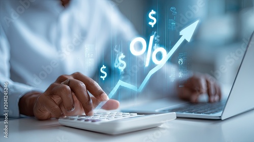 Financial Growth and Investment Analysis with Calculator and Laptop.