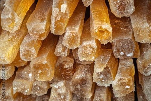 Raw sugar sticks displayed in a market, showcasing their natural texture and color in a bright light setting, highlighting artisanal production methods