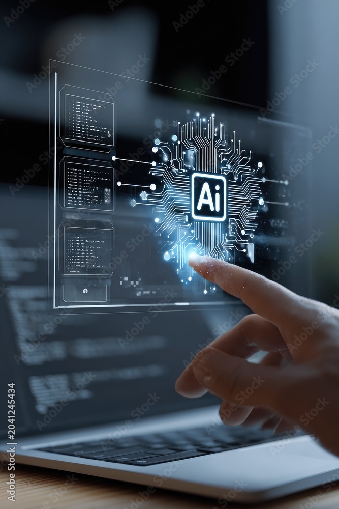 Obraz premium Artificial Intelligence Interface on Laptop Screen with Finger Interaction.