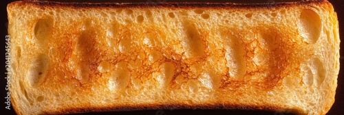 Perfectly toasted bread slice showcasing warm golden brown crust and airy texture from a bustling kitchen