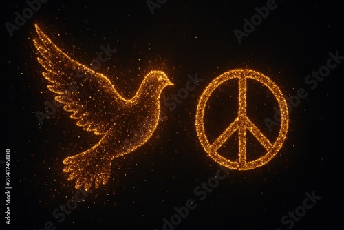 Concept of peace represented by a glowing dove next to a peace symbol created with particles and light effects in dark space