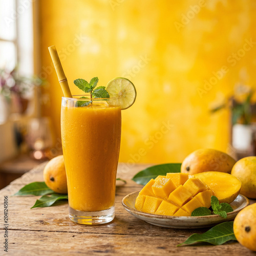 A glass of fresh mango fruit juice high in vitamins on a yellow background