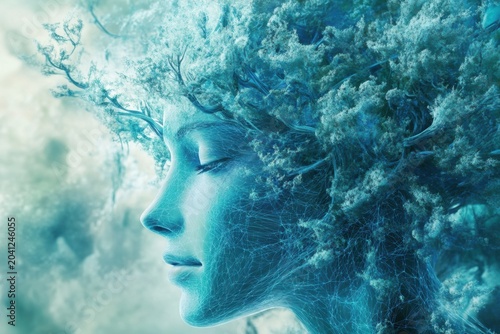 Womans face made of foliage and branches, showcasing natures beauty and harmony with the environment, capturing serene expressions and delicate features