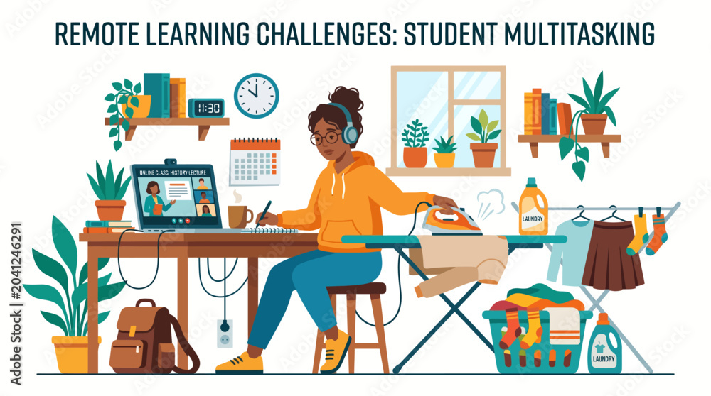 Fototapeta premium Remote Learning Student Multitasking A conceptual illustration of a young woman balancing online education with household chores amidst the demands of home study
