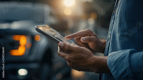 Person Using Tablet Device Outdoors with Blurred Vehicle Lights in Background.
