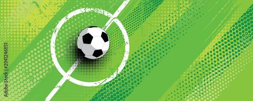Abstract soccer background with soccer ball decoration and sporty halftone texture. Modern line design with trendy field elements for banner, advertisement, promotion, sports event. VOL. 2