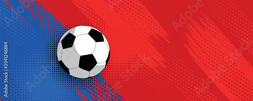 Abstract soccer background with soccer ball decoration and sporty halftone texture. Modern line design with trendy field elements for banner, advertisement, promotion, sports event. VOL. 3