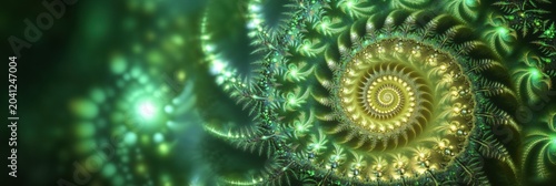 Intricate spiral patterns in vibrant green and gold, showcasing natures beauty and the elegance of fractal designs