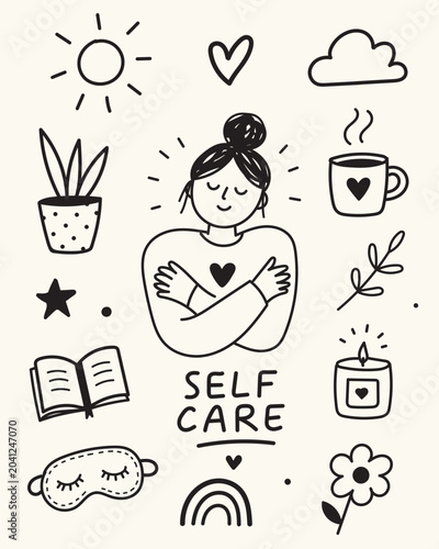 Valokuva Self Care Hand Drawn Doodle Poster with Wellness, Mindfulness and Mental Health